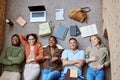 College floor, diversity portrait and students collaboration on group research project, university study or education Royalty Free Stock Photo