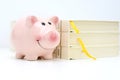 College fund concept with piggy bank standing near a pile of books