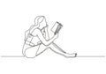 College girl study with reading a book continuous one line drawing. She sitting on the floor and enjoy the education