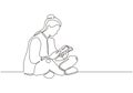 College girl study with reading a book continuous one line drawing, She sitting on the floor and enjoy the education Royalty Free Stock Photo