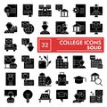 College glyph icon set, university symbols collection, vector sketches, logo illustrations, education signs solid