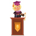 College graduation flat colorful poster with happy girl graduate standing at tribune and showing diploma