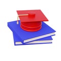 College graduation red hat on books. 3D icon. Education concept. 3d rendering. Isolated on white background Royalty Free Stock Photo