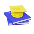 College graduation yellow hat on books. 3D icon. Education concept. 3d rendering. Isolated on white background