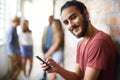 College, phone and portrait of man in hallway for social media, technology or internet. Eduction, learning and