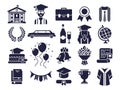 College silhouettes icons. Graduate day, student graduation cap and diploma pictogram silhouette icon vector set Royalty Free Stock Photo