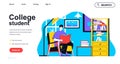 College student concept for landing page template. Young man reading book and learns subject from textbook. Study at library