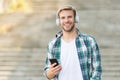 College student headphones smartphone. Online learning. Audio book concept. Educational technology use of both physical Royalty Free Stock Photo