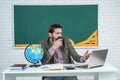 college student man distance learning studying with online teacher on laptop screen, Elearning zoom video call Royalty Free Stock Photo