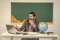 college student man distance learning studying with online teacher on laptop screen, Elearning zoom video call Royalty Free Stock Photo