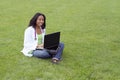 Beautiful female African American college student on campus wearing whitecoat Royalty Free Stock Photo