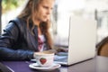 College student, working and laptop outdoor at coffee shop, cafe or restaurant with espresso, latte or cup. Girl Royalty Free Stock Photo