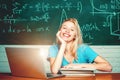 College students studying. Education. Student girl reading a presentation on laptop. Education study abroad. Female Royalty Free Stock Photo