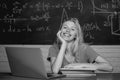 College students studying. Education. Student girl reading a presentation on laptop. Education study abroad. Female Royalty Free Stock Photo