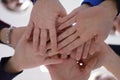 College Students Teamwork Stacking Hand Concept. Close up of young people putting their hands together. Friends with stack of Royalty Free Stock Photo