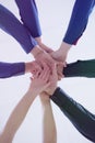 College Students Teamwork Stacking Hand Concept. Close up of young people putting their hands together. Friends with stack of Royalty Free Stock Photo