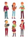 College students. University studying student, teenager studying english books and teenager with backpacks cartoon vector