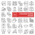 College thin line icon set, university symbols collection, vector sketches, logo illustrations, education signs linear