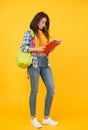 College university education. School girl with backpack. Woman university student. Final exam and graduation. Dedicated Royalty Free Stock Photo