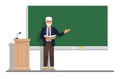 A college or university professor explains a topic in a lecture and points to the blackboard. Space for text on the