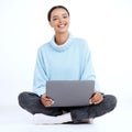 College woman, portrait and laptop in a studio with happiness from student work. Isolated, white background and happy Royalty Free Stock Photo