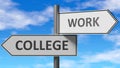 College and work as a choice - pictured as words College, work on road signs to show that when a person makes decision he can