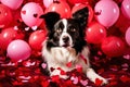 Collie breed dog in studio decorated with balloons and hearts for valentine\'s day