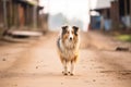 collie on a dirt road near stables