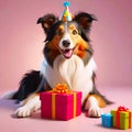 Collie dog in birthday hat with pile of present gift boxes. Celebration concept. Greetings Card Royalty Free Stock Photo