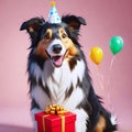 Collie dog in birthday hat with birthday present gift box and colorful balloons. Celebration concept. Greetings Card Royalty Free Stock Photo