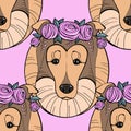 Collie dog with flower wreath seamless pattern. Vector illustration.