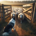 Collie dog helps round up and herd sheep into farm