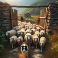 Collie dog helps round up and herd sheep into farm