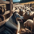 Collie dog helps round up and herd sheep into farm