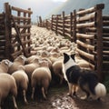 Collie dog helps round up and herd sheep into farm