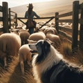 Collie dog helps round up and herd sheep into farm