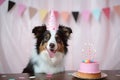 A collie dog\'s happy birthday: cake, candles, and celebration Royalty Free Stock Photo