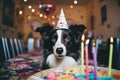 Collie\'s festive indoor birthday party with cake Royalty Free Stock Photo