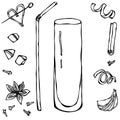 Collins Cocktail Glass. Hand Drawn Vector illustration. Royalty Free Stock Photo