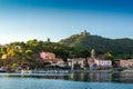 Collioure city and harbor with boats and morning lights in France