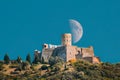 Collioure, France. moon moonrise above Fort Saint Elme In Sunny Spring Day. Old Medieval Fortress Saint-elme Is A Royalty Free Stock Photo