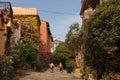 Two people walking on street bordered by greenery and colourful houses in Collioure Royalty Free Stock Photo