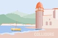 Collioure, a French fishermen village with a landmark bell tower, a traditional Catalan boat and Fort Saint-Elme at the distance,