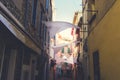 Collioure street decorated with lycra stretch triangles