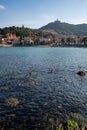 Collioure view from the other side of the bay with Fort of Saint Elme on the top of the village Royalty Free Stock Photo