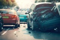 collision of cars with car accident drivers on busy road in traffic jam