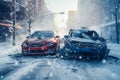 Collision of red and blue car on a street in winter