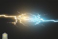 Collision of two forces with gold and blue light. Vector illustration. Hot and cold sparkling power. Energy lightning Royalty Free Stock Photo