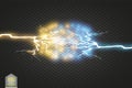 Collision of two forces with gold and blue light. Vector illustration. Hot and cold sparkling power. Energy lightning Royalty Free Stock Photo