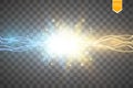 Collision of two forces with gold and blue light. Vector illustration. Hot and cold sparkling power. Energy lightning